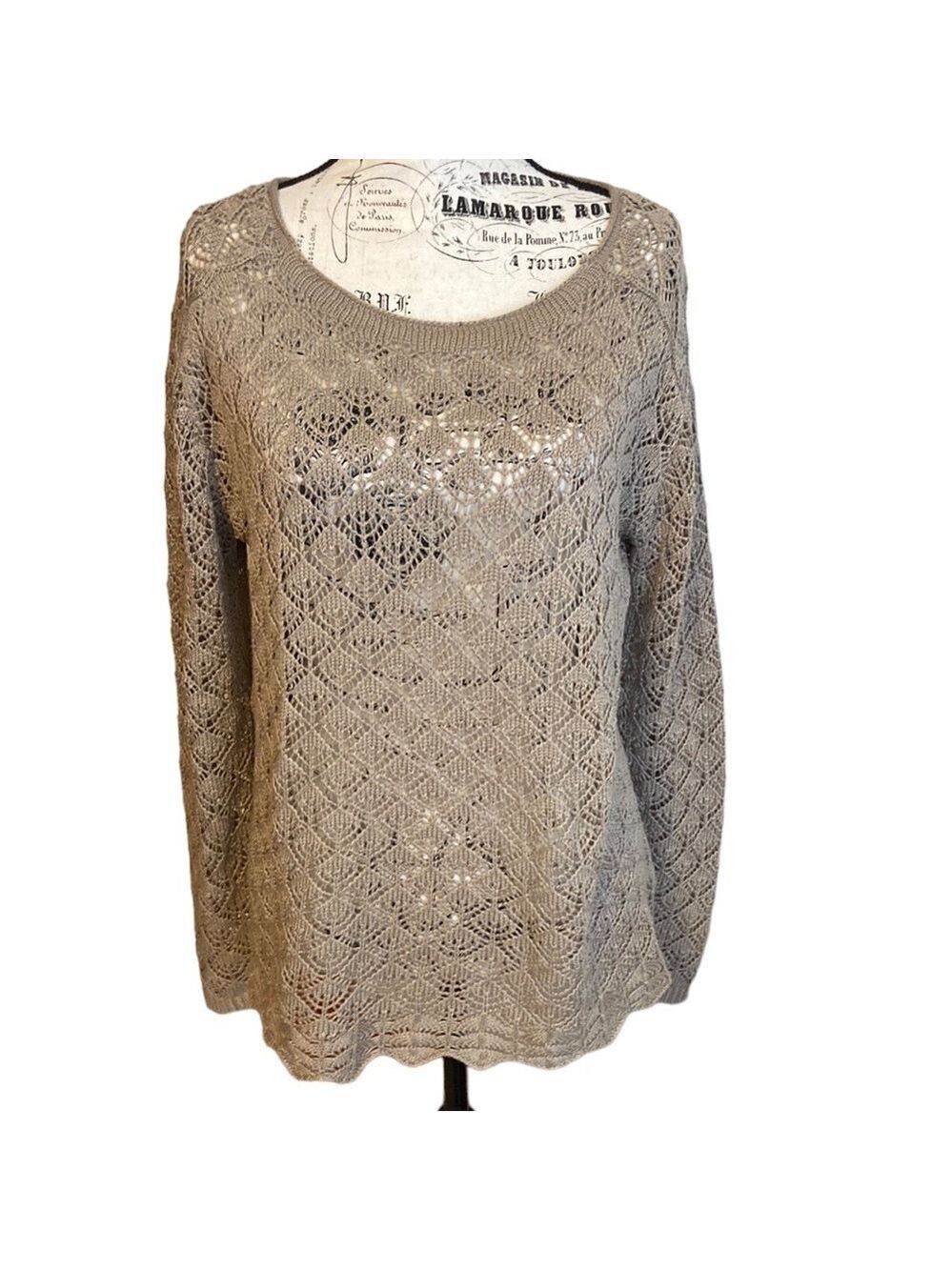 Vintage America Crochet Sweater Pointelle Tan Size L
